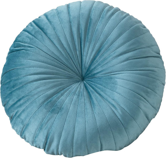 HLOVME Round Pillow Cushion for Couch Velvet Decorative Small Throw Pillow Solid Color for Living Room Bed Floor 15.7”, Lake Blue