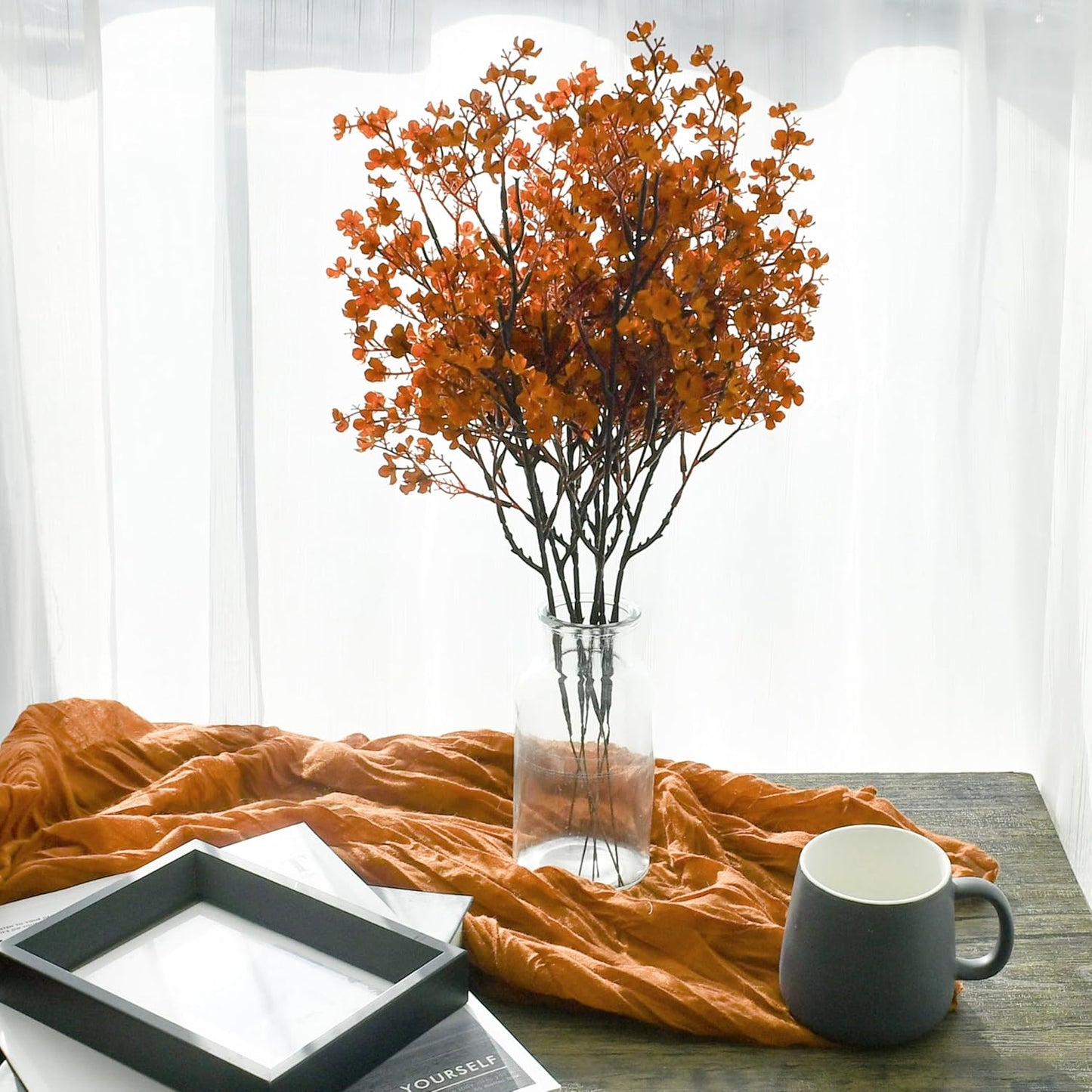 Mandy's Burnt Orange Artificial Baby’s Breath Flowers 15 Bundles Silk Gypsophila with Bendable Stems for Fall Centerpiece Wedding Decor and Table Arrangements