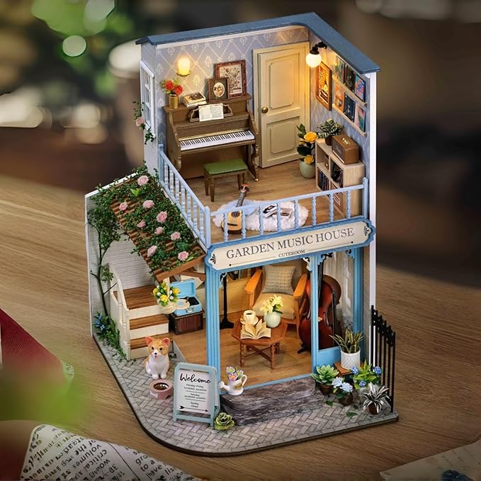 TuKIIE DIY Miniature House Kit with Furniture, 1:24 Scale Creative Room Wooden Mini Dollhouse Plus Dust Proof & Music Movement for Kids Teens Adults(Symphony of Bliss)