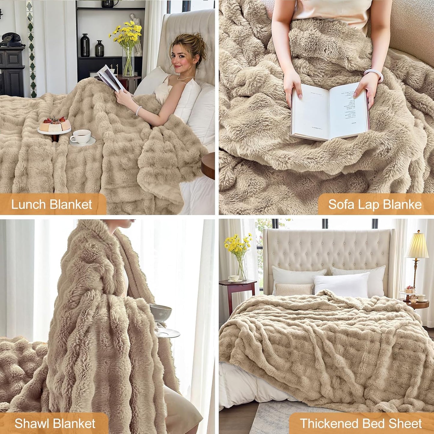 Faux Fur Light Camel Throw Blanket for Couch - Super Soft Heavy Flufyy Thick Bubble Throw Blankets for Bed Bedroom Living Room Farmhouse Sofa Chair Fall Winter Warm, 50x60 Inch