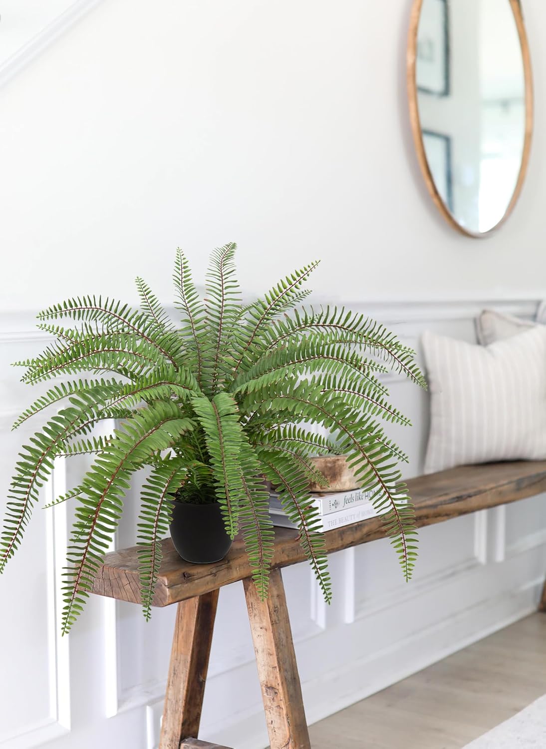 Hollyone Large Artificial Fern Potted Plant for Outdoors Indoors Lifelike Faux Boston Fern Artificial Plants in Black Pot for Garden Patio Home Farmhouse Windowsill Office Decoration