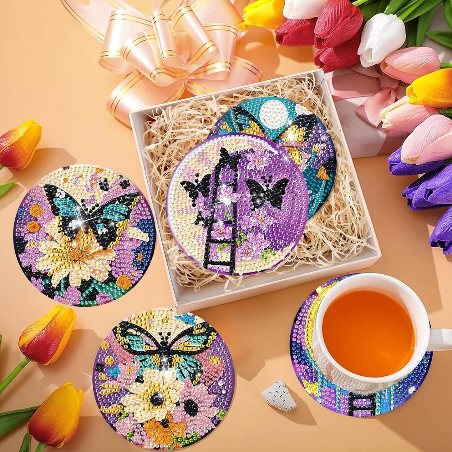 DOTSOPS 6 Pcs Diamond Art Kits for Adults - Diamond Art Coasters with Holder for Adults Beginners Diamond Craft for Christmas Birthday(Butterfly Moon)