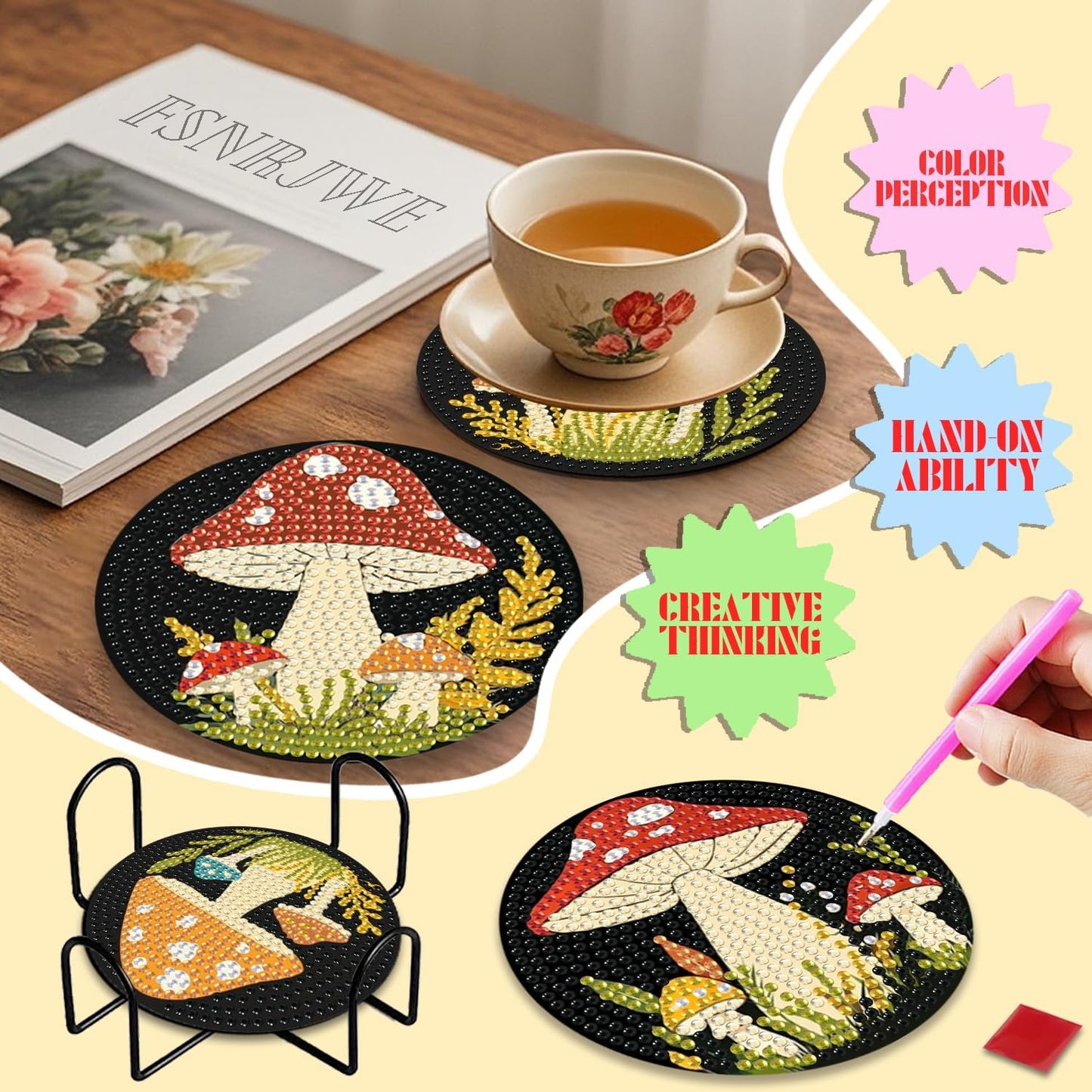 EWJRNSF 6 PCS 5D Diamond Painting Coasters Kits with Holder, Small Diamond Art Kits for Adults Beginners Diamond Dots Arts and Crafts Gems Supplies Item Mushroom Shaped