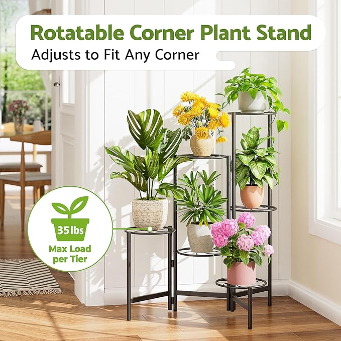 Outdoor Plant Stands for Patio Corner Tall Plant Stand Indoor Metal Flower Pot Stands for Multiple Plants 6 Tier Heavy Duty Shelf Black Kite