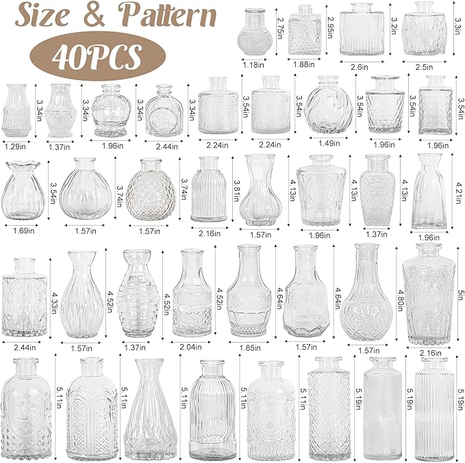 40Pcs Glass Bud Vase Set,Small Flower Vase for Tables Centerpieces Decor, Mini Vintage Clear Vase for Home,Wedding,Party Decorations（40 Pcs，Clear）