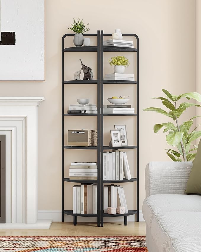 Corner Shelf Stand, Corner Bookshelf, Plant Shelf, Corner Display Rack, Standing Shelf with Metal Frame for Living Room, Bathroom, Kitchen, Industrial Style, 6 Tier Black CS06604B