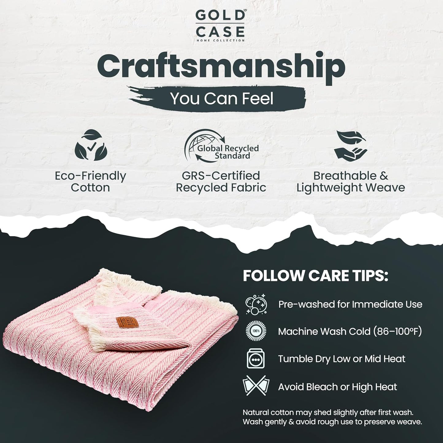 Gold Case Throw Blanket for Couch - 100% Recycled Turkish Cotton Blankets & Throws - Vintage Soft Throw Blankets for Living Room - Boho Decorative Woven Couch Blanket - 60x80 - Pink