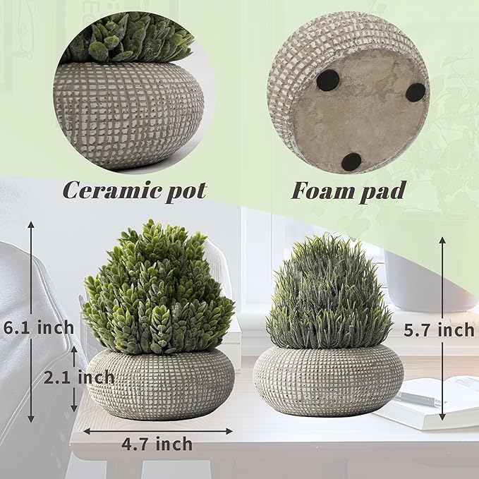2Pack Small Fake Plants, 6.1/5.7 Inch Artificial Plants Indoor in Cement Planter, Small Faux Plants Indoor for Room Bathroom Bedroom Farmhouse Kitchen Office Home Decor