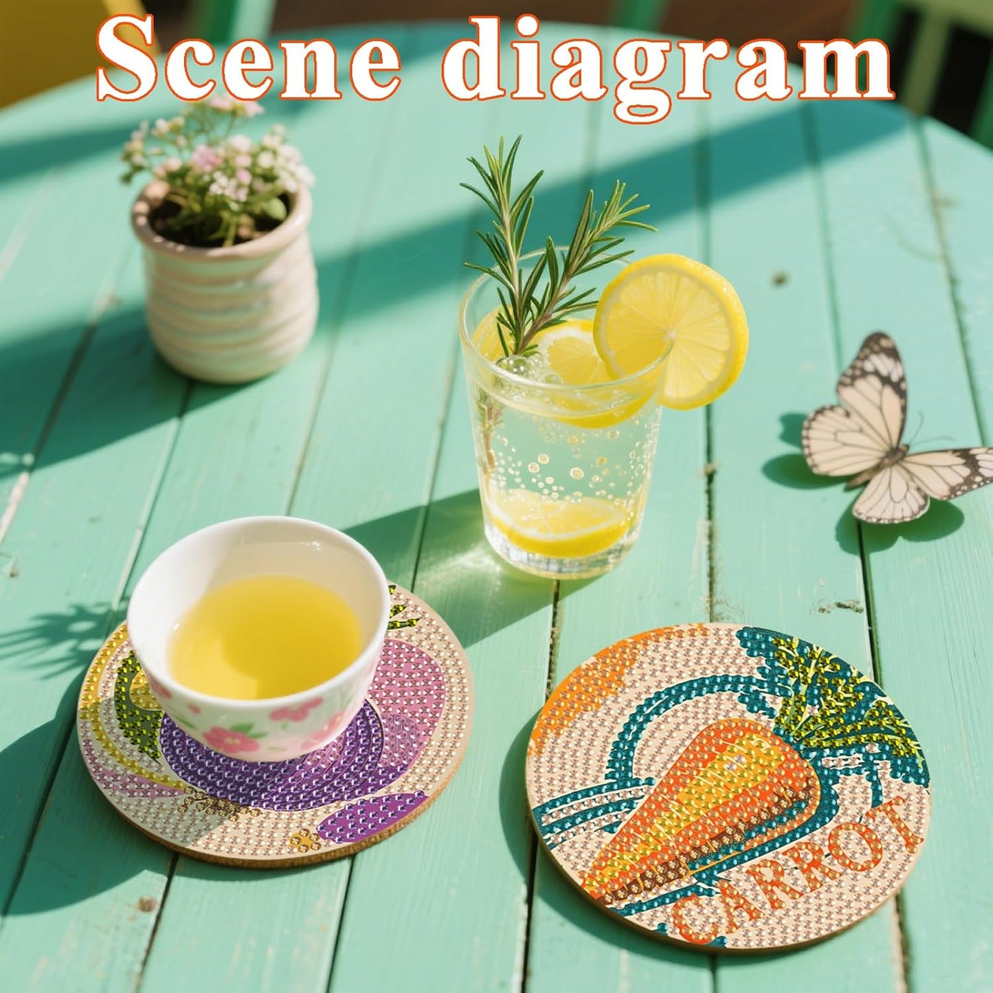 DOTSOPS 6Pack Diamond Painting Coaster with Holder 5D Diamond Art Kits for Adults Round Full Drill Beginners Gem Dots Craft Arts Supplies Party Home Decor Vegetable