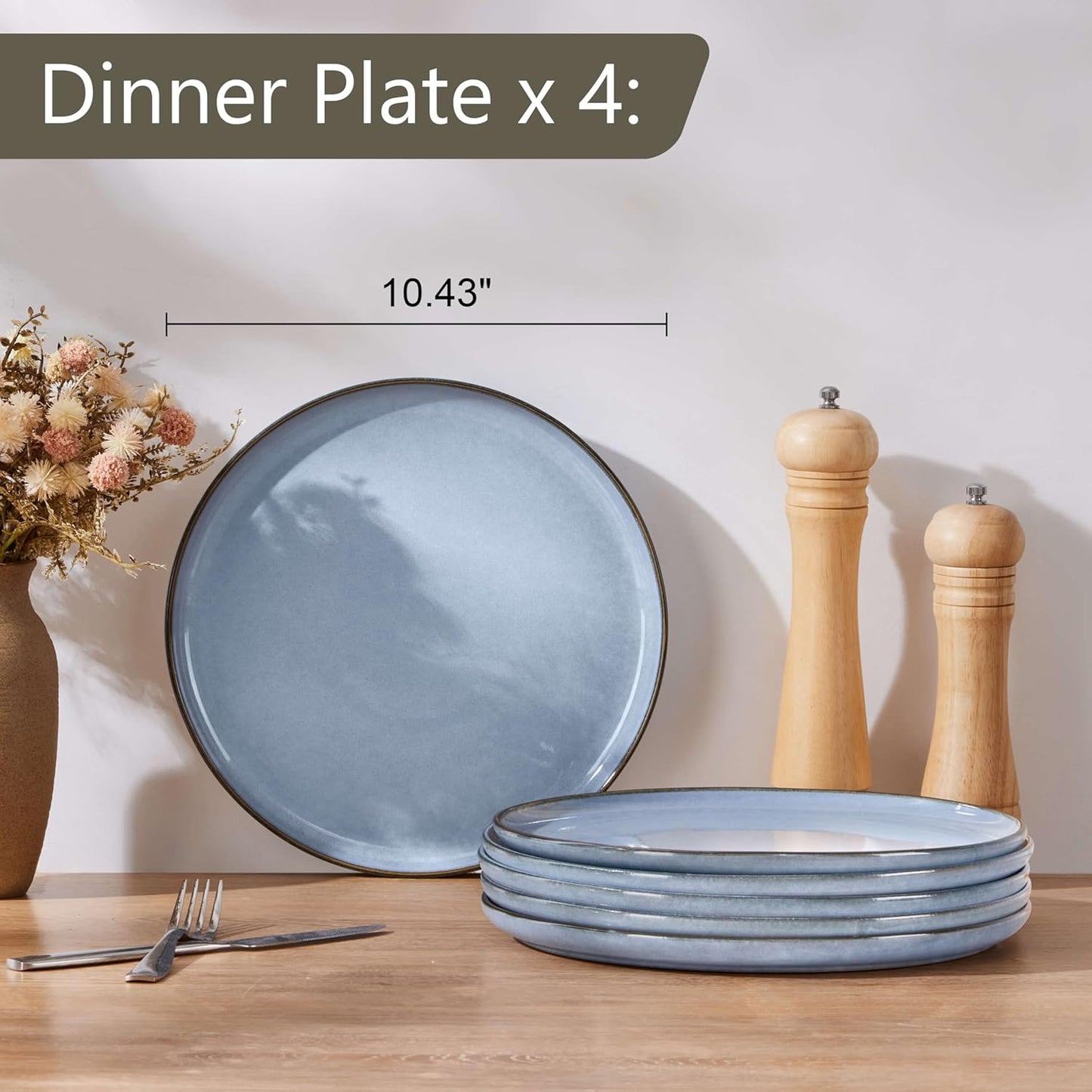 Herogo 4-Piece Stoneware Dinner Plates Set, 10.43" Ceramic Round Plate Set, Handmade Double Reactive Glaze Dinnerware Plates for Kitchen, Microwave, Oven and Dishwasher Safe, Haze Blue