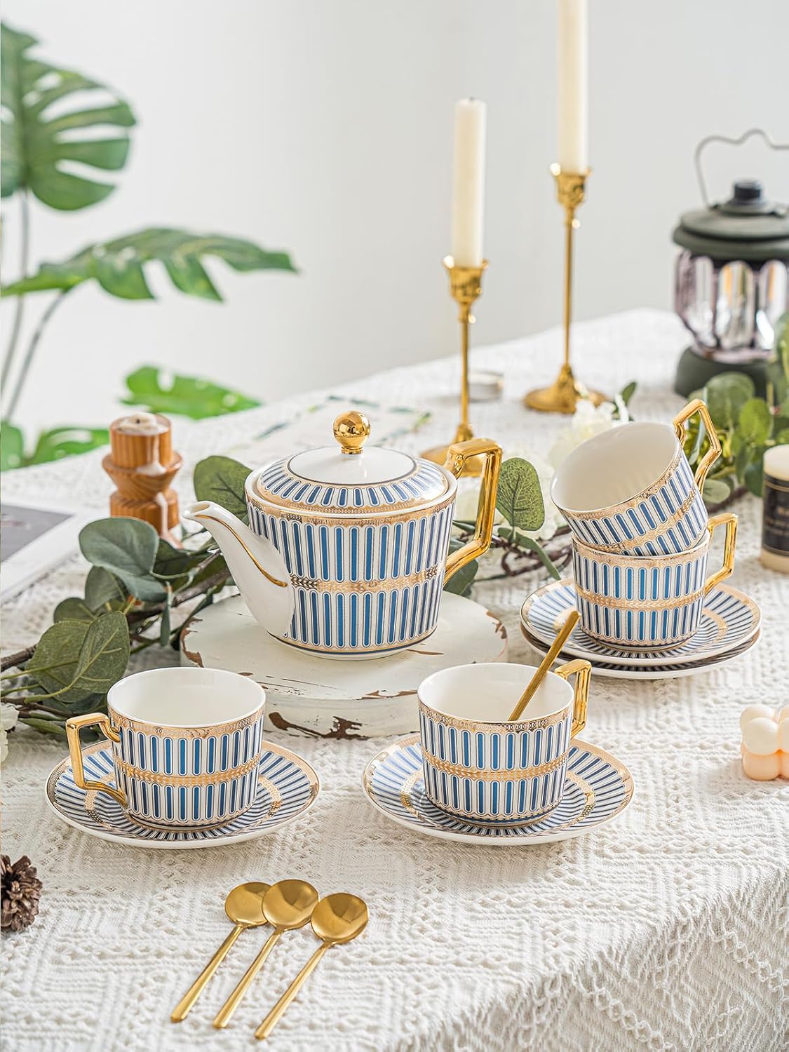 CwlwGO-Bone China Tea Cup Set of 4, Cup and Saucer Sets Service for 4 with 24 Ounces Teapot,Sugar Bowl,Creamer Pitcher,Elegant British Tea Cups for Tea Party,Gifts Box.