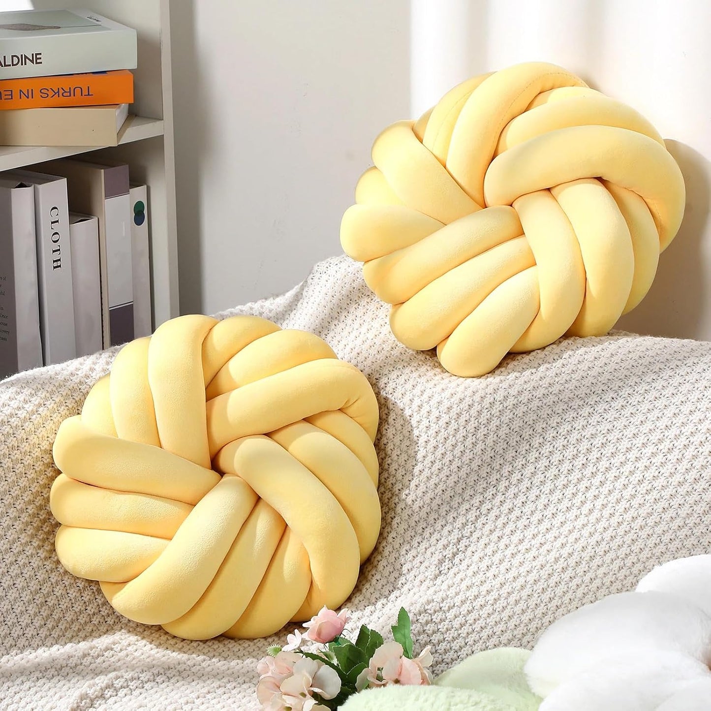 Fumete 2 Pcs 14 Inches Knot Pillow Round Throw Soft Plush Knot Ball Pillow Handmade Knotted Modern Home Decorative Cushion for Bed Bedroom, Sofa, Couch (Yellow)