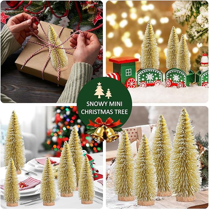 12 Pcs Mini Christmas Tree, Tabletop Christmas Tree with Wooden Bases Artificial Mini Tree with 3 Sizes Christmas Table Decor Bottle Brush Trees for Christmas Decorations (Yellow)