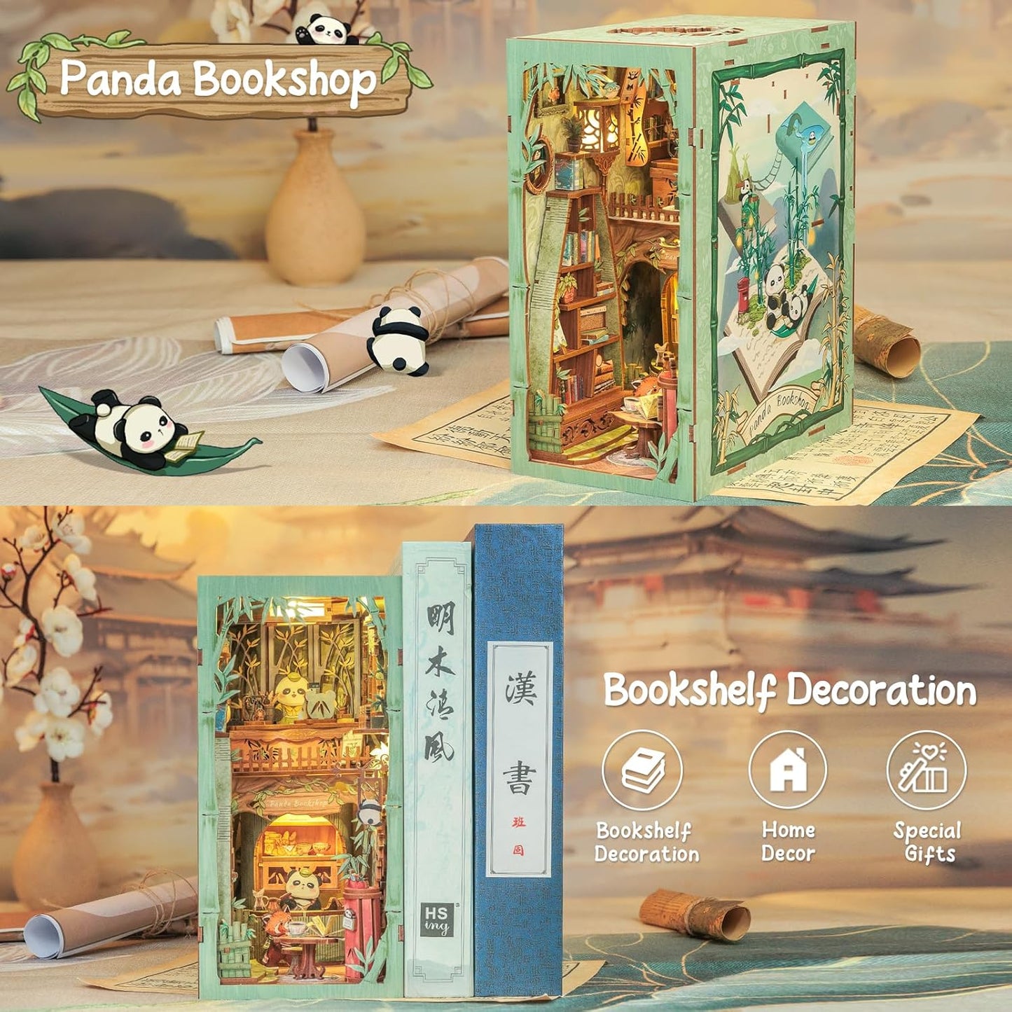 Cutefun DIY Book Nook Kit - Dollhouse Bookend Tiny House for Adults, 3D Wooden Puzzle DIY Miniature House Kit for Bookshelf Insert Decoration, Gifts for Friends and Family（Panda Bookshop）