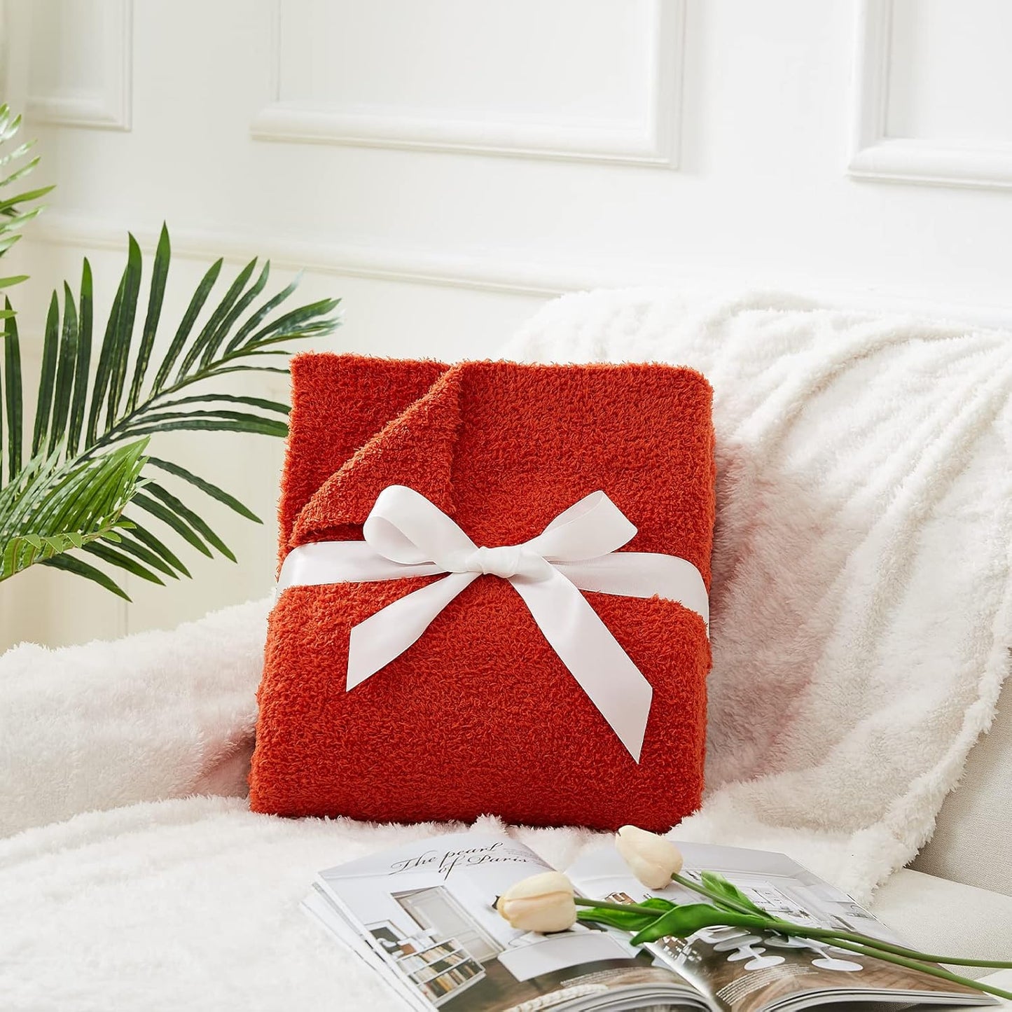 CYMULA Super Soft Knit Throw Blanket Twin Size Orange-Lightweight Plush Fuzzy Fluffy Warm Cozy Blankets and Throws for Sofa Bed All Season Use, 60x80 inches