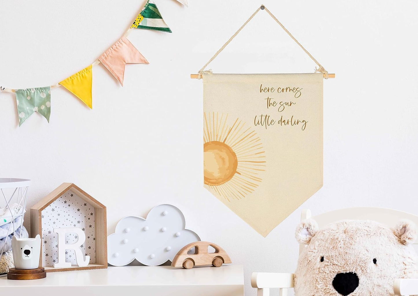Here Comes the Sun,Little Darling-Sunshine Decor-Baby Flag Presents Shower-Flag Decor Gifts for Baby Boys Girls Kids-Banner Wall Sign Gifts for Nursery Kids Room Playroom Bedroom Front Door