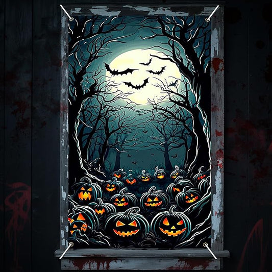Nuxovilar Halloween Window Decorations, Ghosts in Pumpkin Field Halloween Window Cover for Indoor, Party, Haunted House, 31.5x47.3 Inches