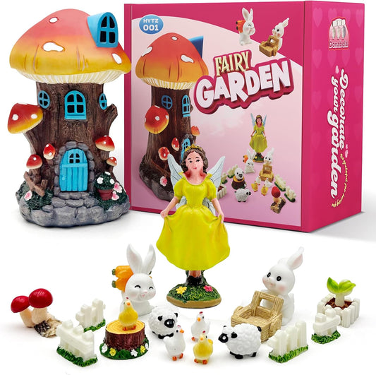 DONABELA Fairy Garden Kit Small Mushroom House Miniature Animals Figurines Accessories Outdoor Tiny Decor for Kids 18 PCS