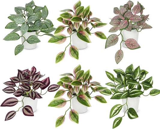 Hollyone Fake Plants 6 Pack Artificial Plants Indoor Faux Plant with White Plastic Pot Small Fake Potted Plant for Home Aesthetic Living Room Bathroom Desk Shelf Office Decor