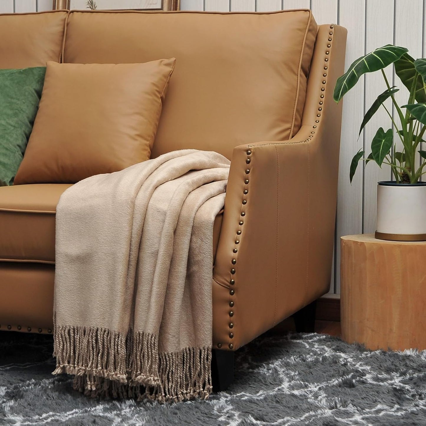 EP Mode Fringed Mulberry Silk Throw Blanket for Sofa (Rugby Tan)