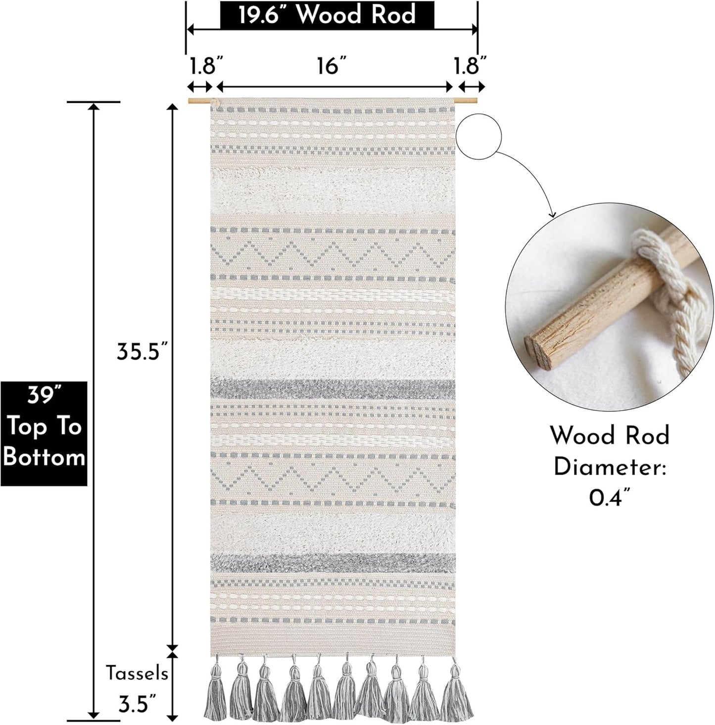 BlissBlush Long Vertical Wall Hanging Tapestry Woven Boho Farmhouse Decor Gray Cream Tassel Handmade Wall Art Decoration for Bedroom Living Room Dorm Nursery Apartment, 16x39 INCH