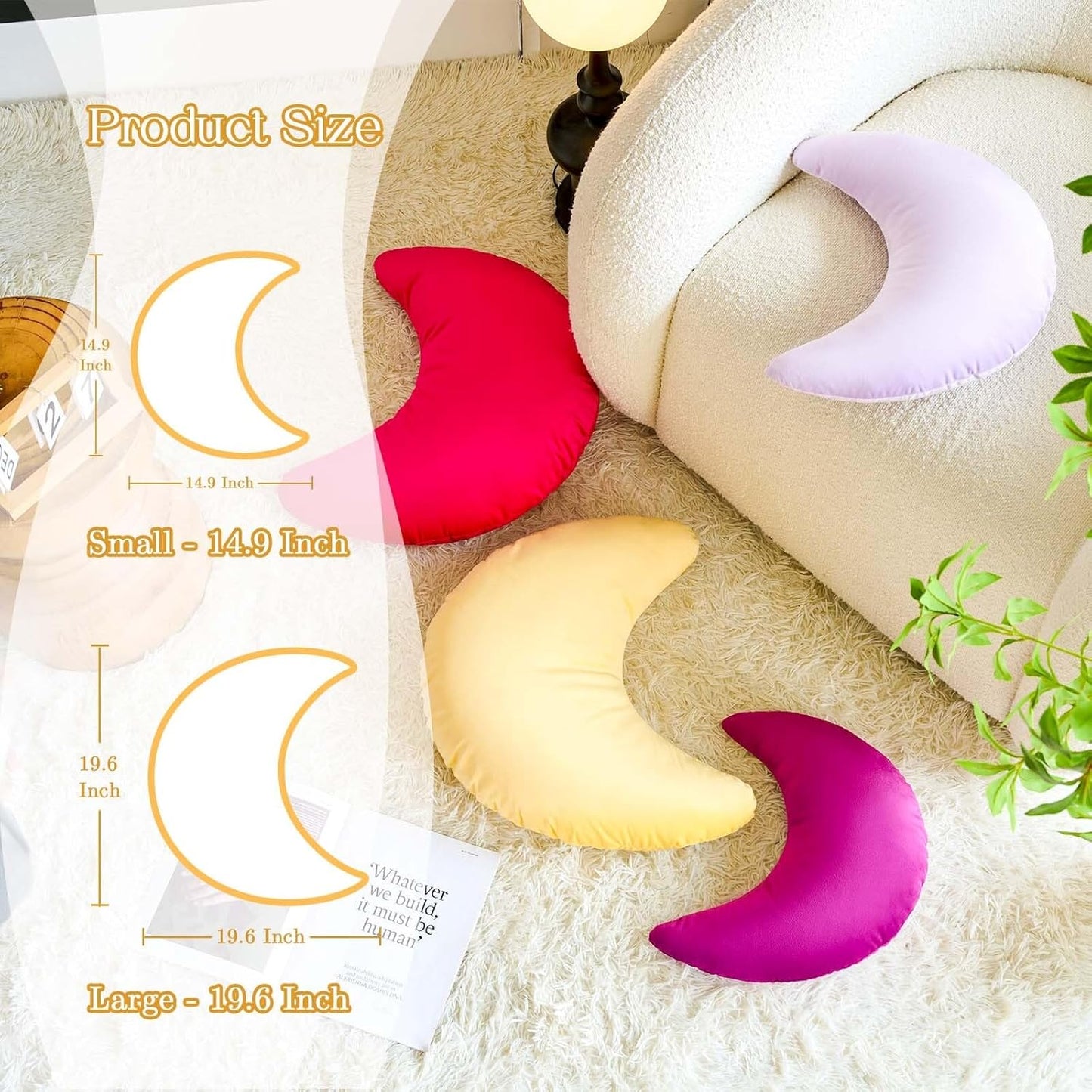 Hot Pink Moon Pillow, 14.9" Cute Soft Velvet Half Moon Shape Plush Decorative Throw Pillows Cushions Room Decor for Couch Bedroom Living Room