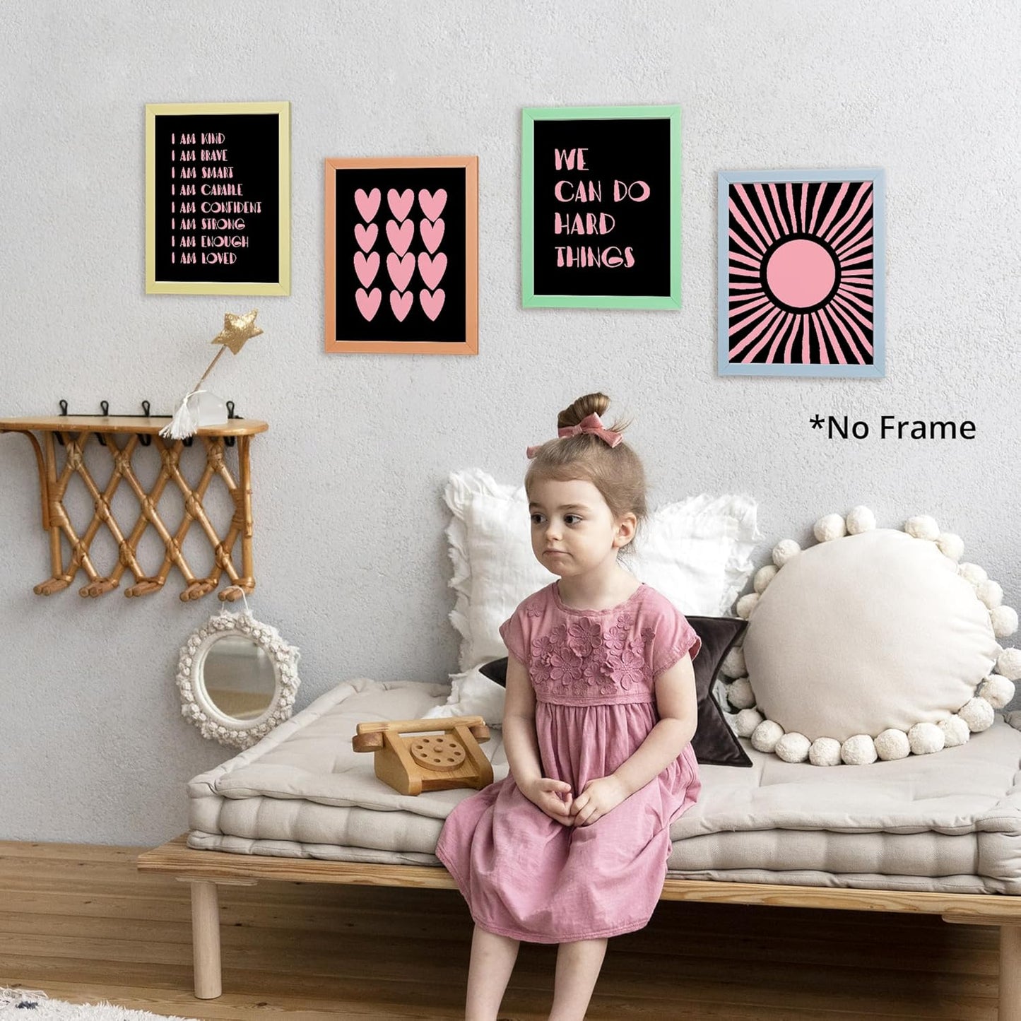 I am Kind Brave Smart Affirmations Black Sun Sunshine Hearts Poster Prints for Girls Kids Room Playroom Decor,Girl Nursery Decorations Prints Wall Art Unframed 4pcs 8x10inches,Girls Kids Gifts