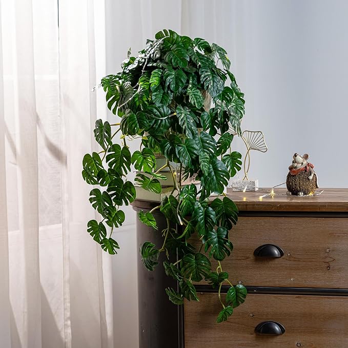 2 PCS Artificial Hanging Plants, Fake Hanging Monstera Leaves Ivy Vine Faux Greenery Tropical Palm Leaves Outdoor Hanging Plants Leaf Plant for Garden Home Decor