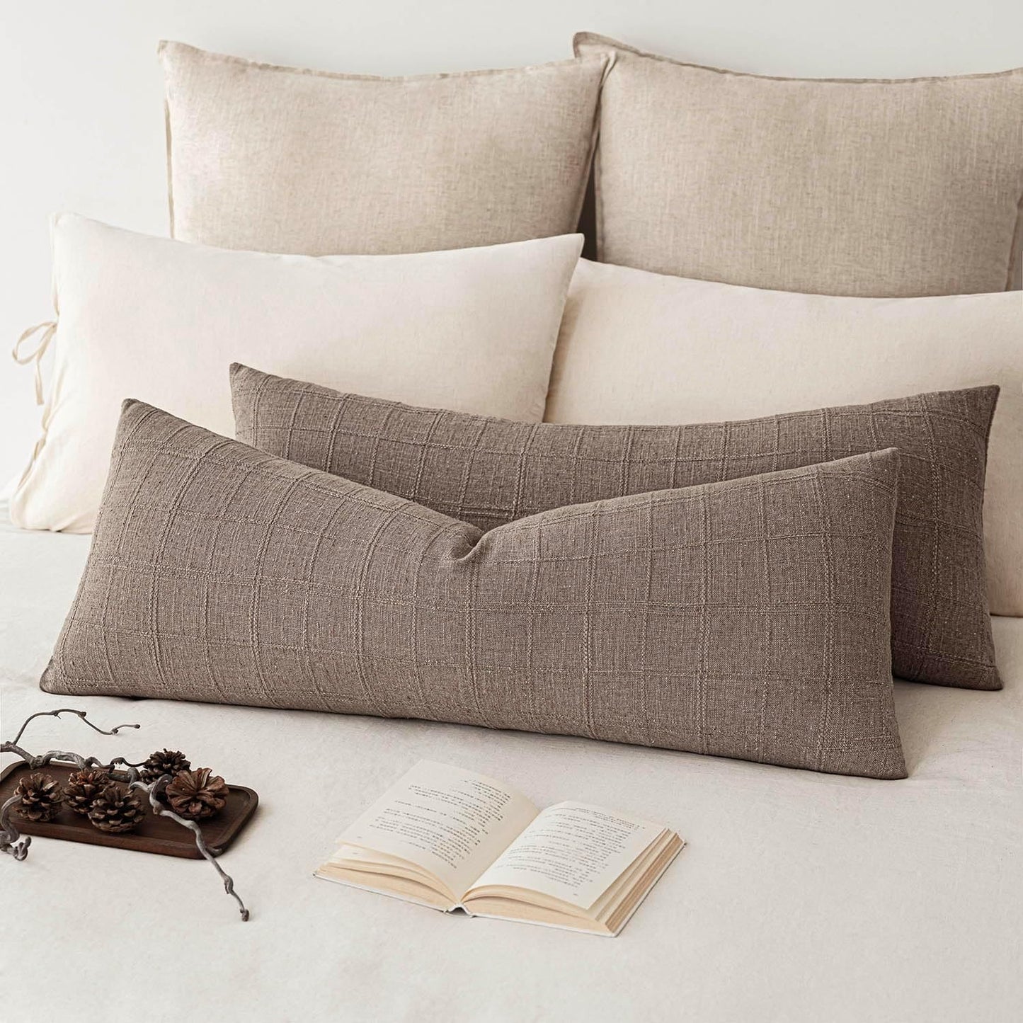 Foindtower Set of 2 Decorative Linen Check Throw Pillow Covers Neutral Long Body Lumbar Cushion Covers Farmhouse Vintage Boho Home Decor for Sofa Chair Couch Bedroom Living Room,14×36 Inch,Tan Taupe