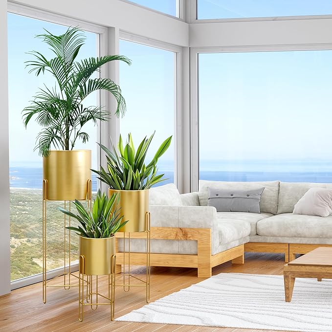 TRIROCKS Set of 3 Large Planters with Stand Gold Planter for Indoor Plants 29 &22 &12" Tall Morden Metal Plant Pots for Living Room Corner Kitchen Office Garden Balcony Patio Decor