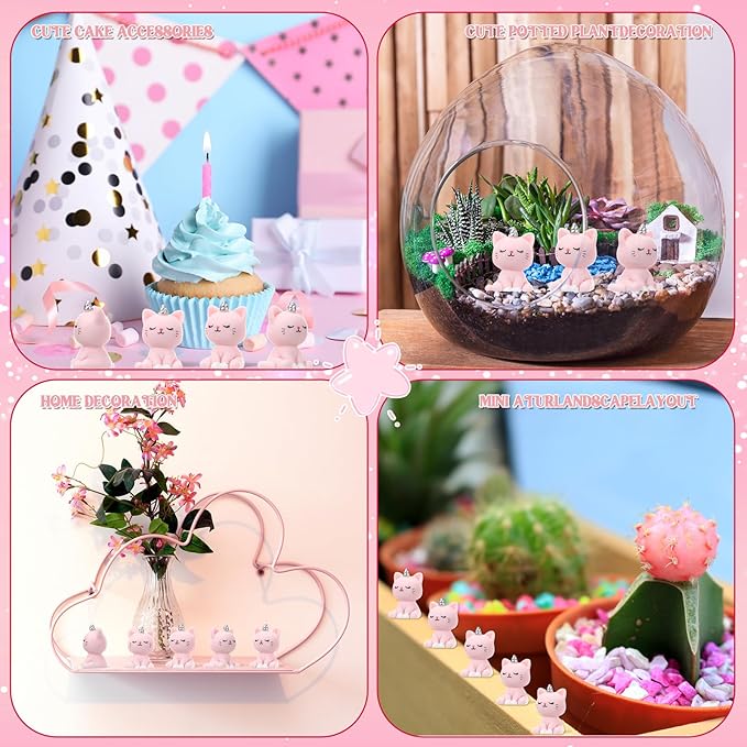50 Pcs Mini Unicorn Cat Figurines Mini Resin Figurines Little Pink Cat Figurine to Hide for Fairy Garden Decor, Dollhouse, Cake Topper, Birthday Party Gifts