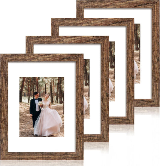 iRahmen 9x12 Picture Frame Set of 4 with Tempered Glass, Wooden Rustic Frame Display 6x8 Pictures with Mat or 9 x 12 Without Mat, Photo Frame for Wall Mount and Tabletop Display