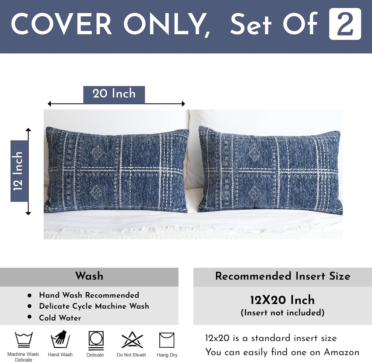 BlissBlush Dark Blue Decorative Lumbar Throw Pillow Covers 12X20, Set of 2, Boho Farmhouse Cushion Cover, Soft Accent Pillowcase for Couch Sofa Bed Living Room Home Décor