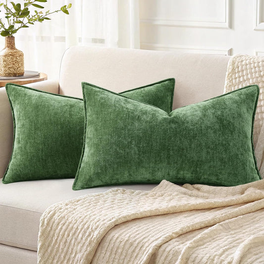 decorUhome Christmas Couch Throw Pillow Covers 12x20 Set of 2, Decorative Soft Euro Neutral Chenille Lumbar Pillow Covers with Elegant Design for Sofa Bed Living Room Home Decor, Moss Green