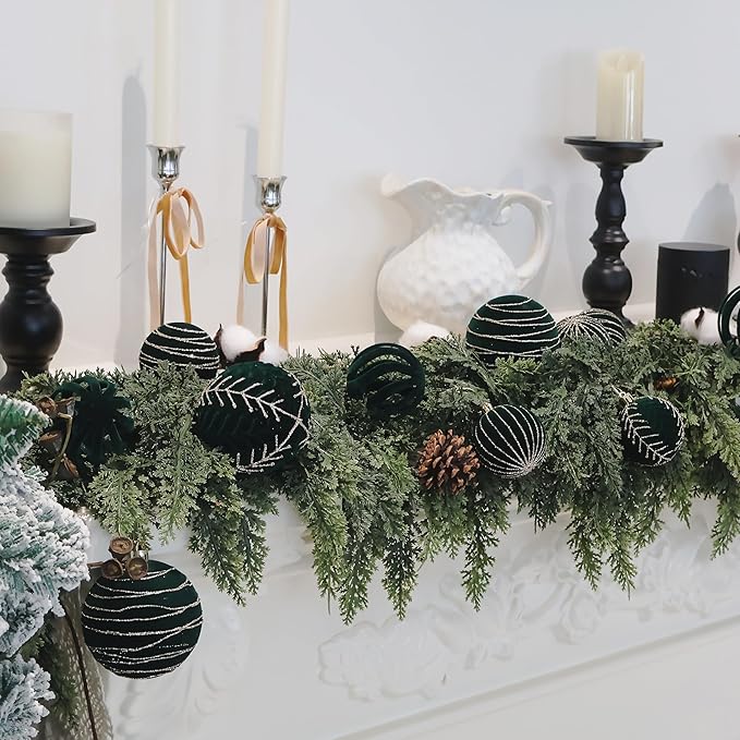 4inch Velvet Ornaments for Christmas Tree, 9PCS Glitter Flocked Christmas Ornaments Decorations Balls Set Decor Green