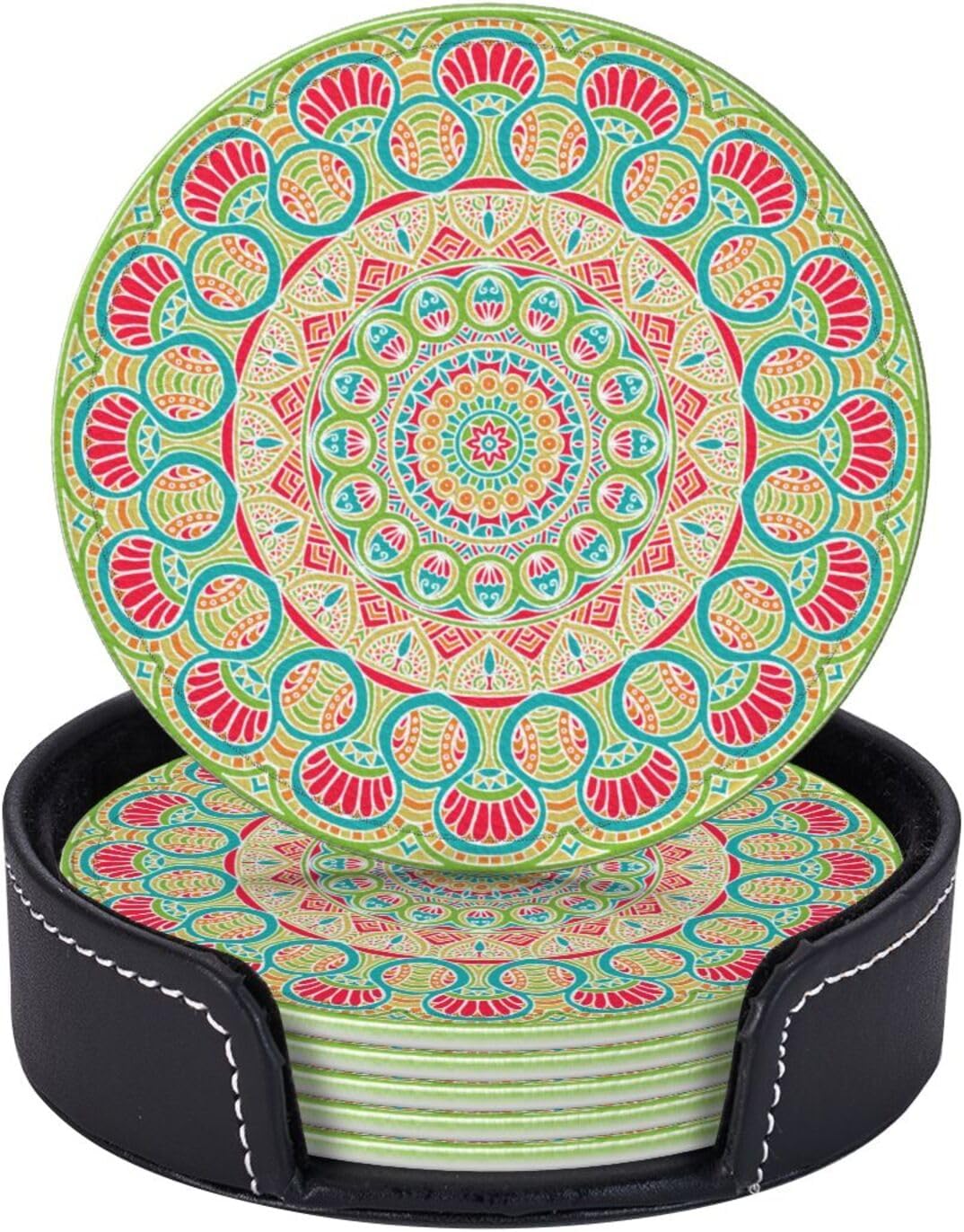 Colorful Mandala Leather Drink Coasters Set of 6 with Holder Round Cup Coaster for Table Decor