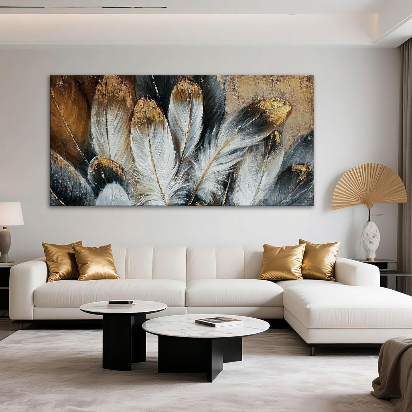 Feather Canvas Wall Art Modern Living Room Bedroom Wall Decoration Large Giclee Print Canvas Painting Artwork for Home Decor One Piece White Gold Brown Feather Picture Ready to Hang 58x29 Size