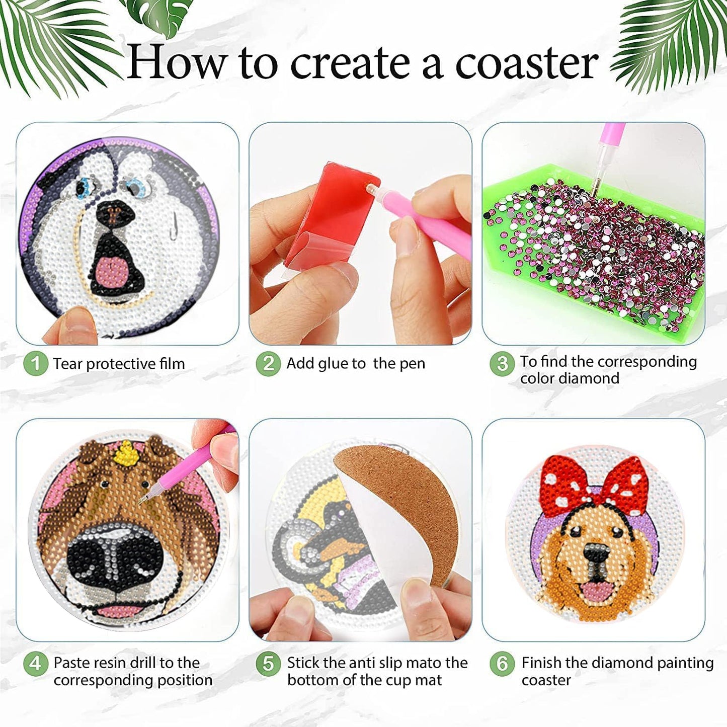 EWJRNSF 6 PCS Small Diamond Art Coasters Kits, Diamond Painting Coasters, Fall Diamond Art Kits for Adults Beginners, Arts and Crafts Item Sets with Holder for Drinks. Dog