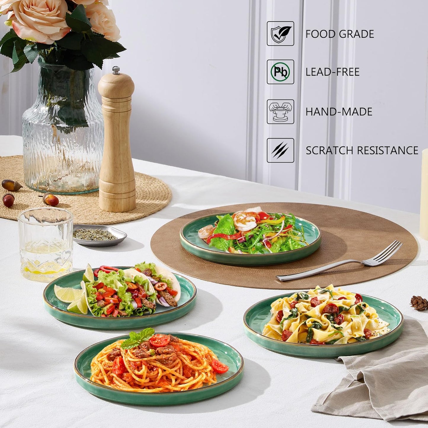 LIANYU Ceramic Dessert Plates Set of 6, 7.9 Inch Kitchen Dinner Plates Set, Porcelain Serving Dishes for Cake, Bread, Salad, Snack and Steak, Microwave, Oven and Dishwasher Safe, Emerald Green