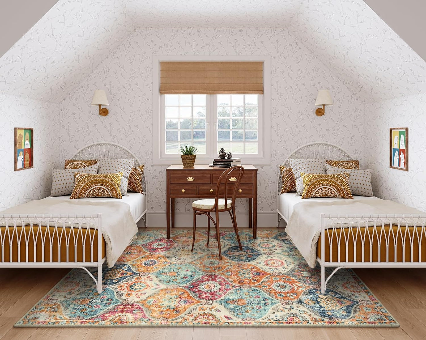 Lahome Moroccan 5x8 Area Rug, Ultra-Thin Washable Rugs for Living Room Bedroom, Soft Large Oriental Non-Slip Non Shedding Throw Large Carpet for Dining Room Office, Cream/Multi