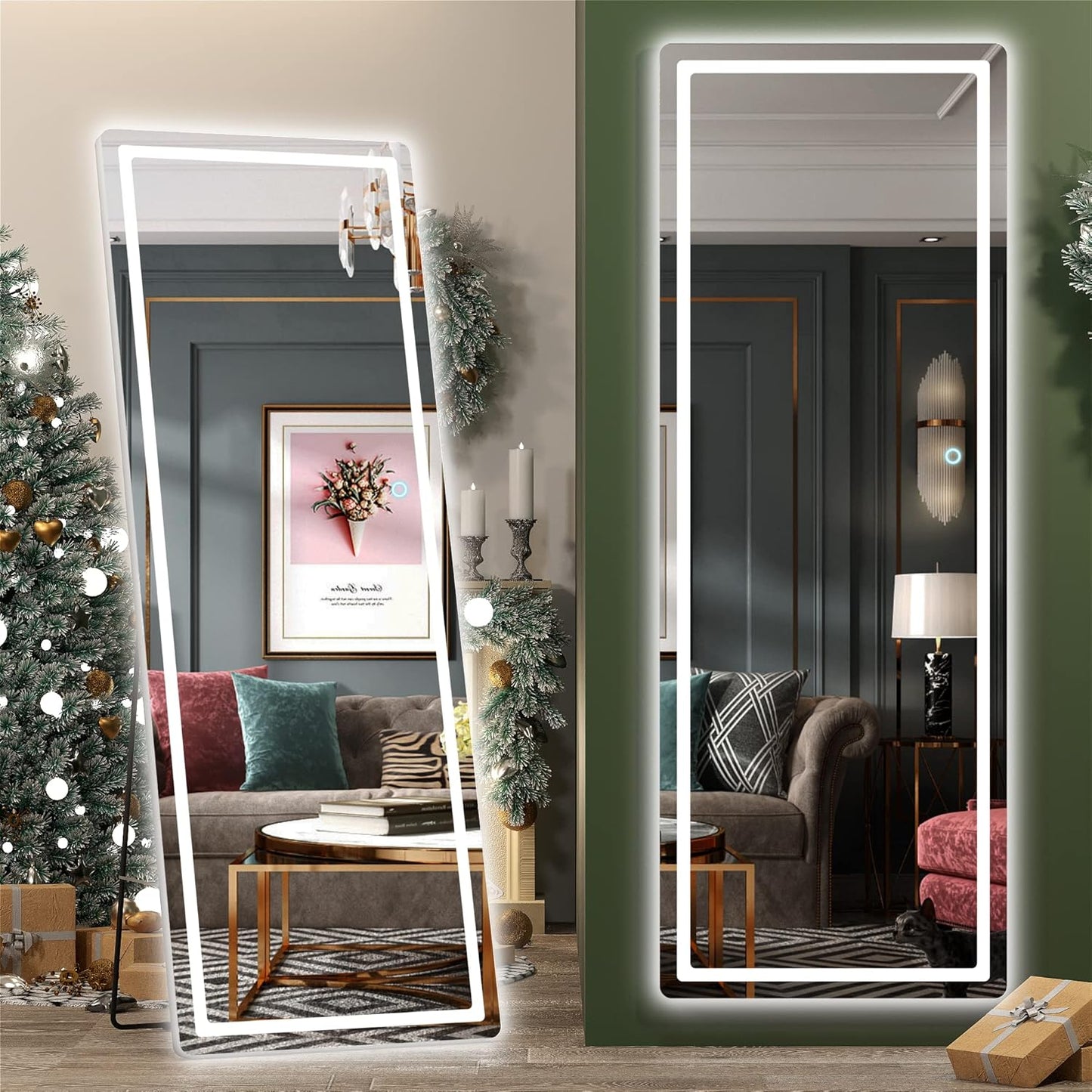 Hasipu Full Length Mirror with Lights, 65" x 22" LED Floor Mirror, Full Body Dressing Standing, Hanging Mounted Mirror for Living Room Bedroom Cloakroom, Round Black