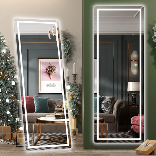 Hasipu Full Length Mirror with Lights, 65" x 22" LED Floor Mirror, Full Body Dressing Standing, Hanging Mounted Mirror for Living Room Bedroom Cloakroom, Round Black