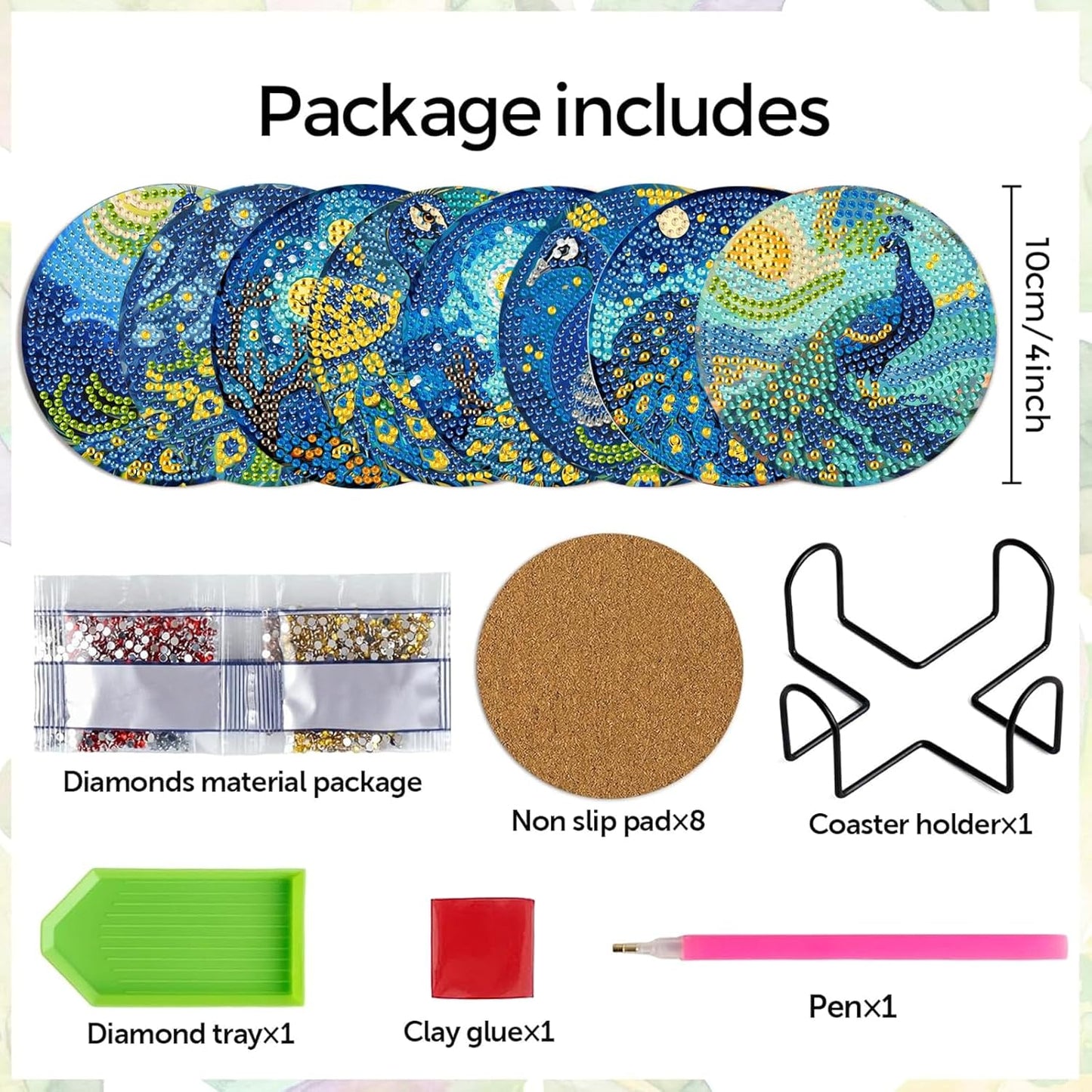 DOTSOPS 8 Pcs Animal Diamond Art Kits for Adults Diamond Art Coasters with Holder BeginnersCraft for Christmas Birthday(Peacock)