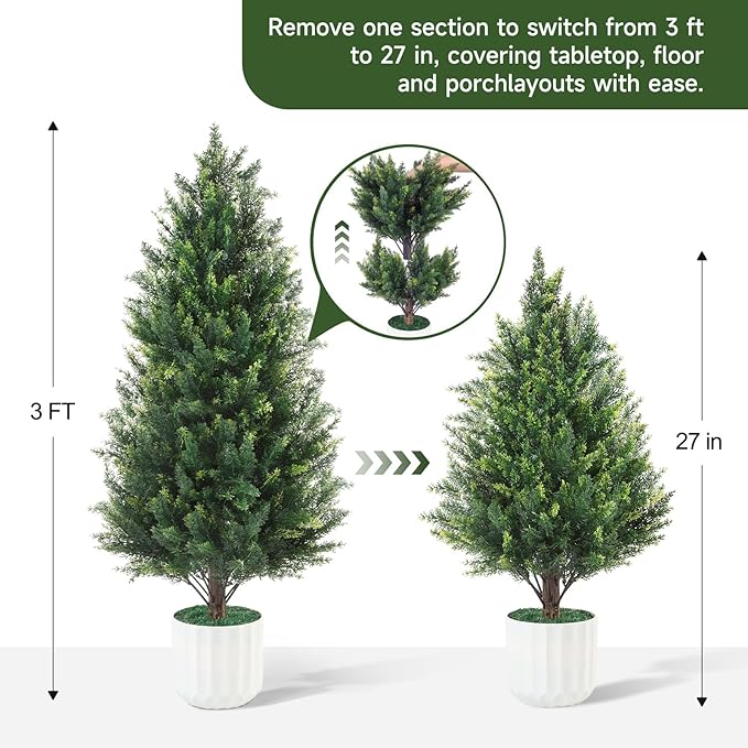 3FT Artificial Cedar Topiary Trees Set of 2 Detachable Planter & Spike,UV Resistant Faux Plants Outdoor and Indoor,Realistic Fake Bushes Pine Tree for Front Porch Decor Patio Offices Living Room