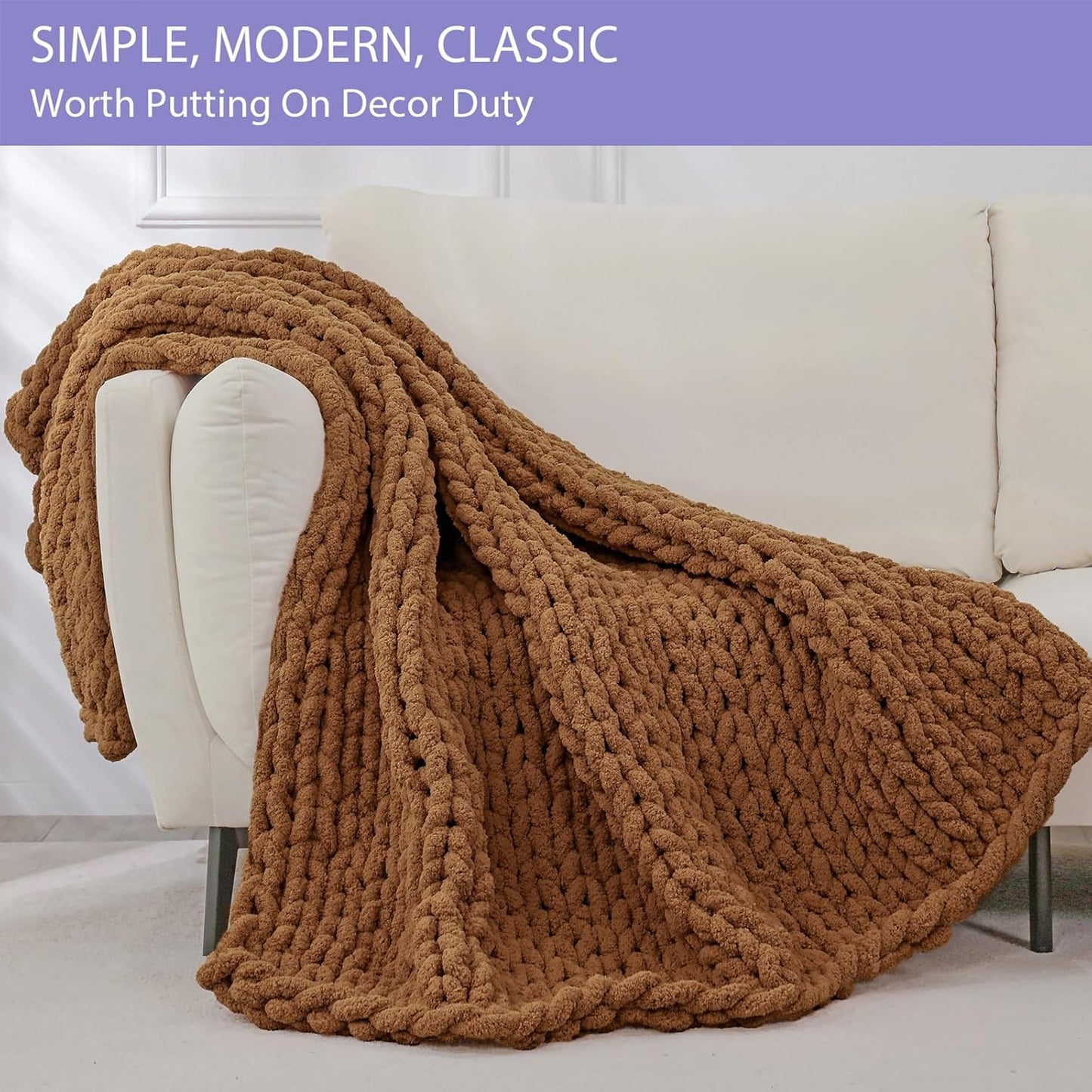 Bigacogo Chunky Knit Throw Blanket for Couch, 40x80 inches, 100% Hand Knitted with Thick Jumbo Chenille Yarn, Cozy Soft Large Rope Knot Cable Crochet Blankets for Sofa Bed Living Room, Caramel
