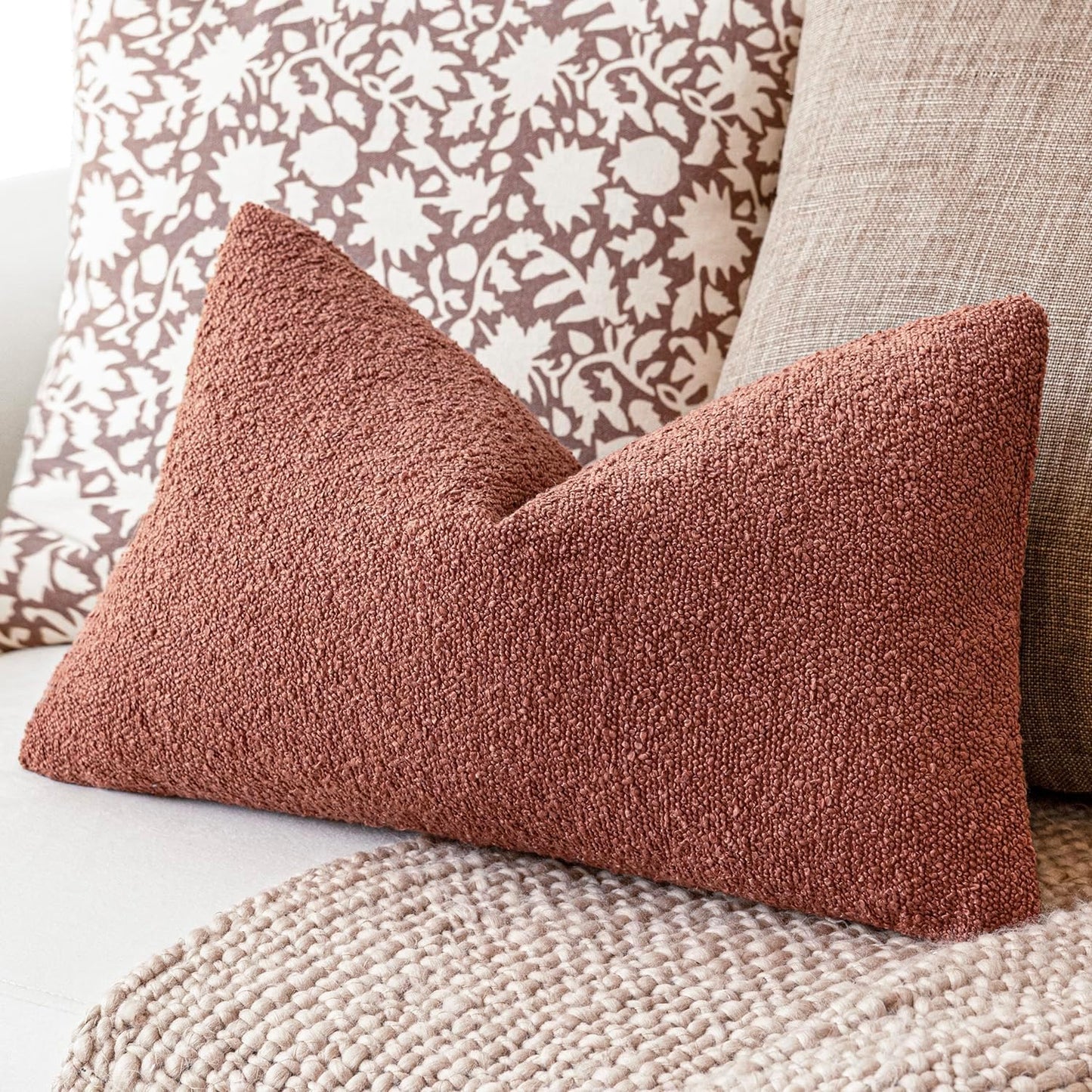 Foindtower Decorative Textured Boucle Throw Pillow Covers Accent Solid Lumbar Pillow Cases Neutral Soft Couch Cushion Case for Chair Sofa Bedroom Living Room Home Decor 12x20 Inch,1PC,Orange Rust Red