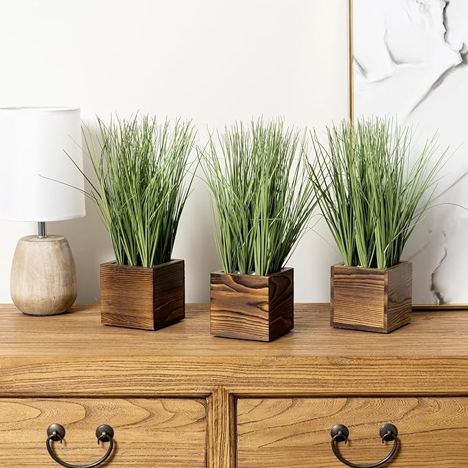 MyGift Artificial Green Grass Plants Trio in Rustic Burnt Solid Wood Planter Boxes, Faux Greenery in Decorative 4 Inch Square Wooden Containers, Set of 3