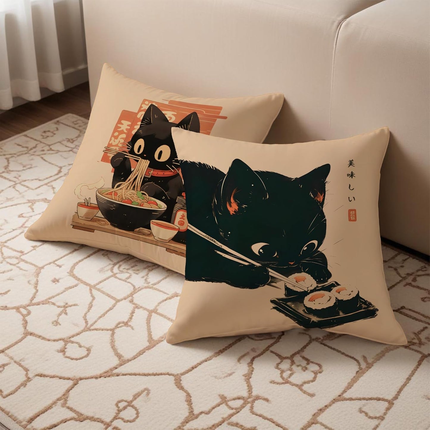 Funny Vintage Black Cat Japanese Sushi Ramen Noodles Pillow Covers 18x18 Set of 2, Aesthetic Black Cat Art Painting Decor Pillow Covers for Room Bedroom