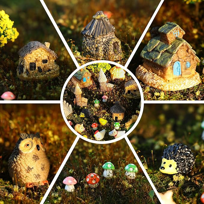 60 PCS Mini Fairy Garden Accessories Kit Enchanted Miniature House Decor Set with Tiny Figurines, DIY Micro Landscape Ornaments for Terrarium, Dollhouse Succulent Craft