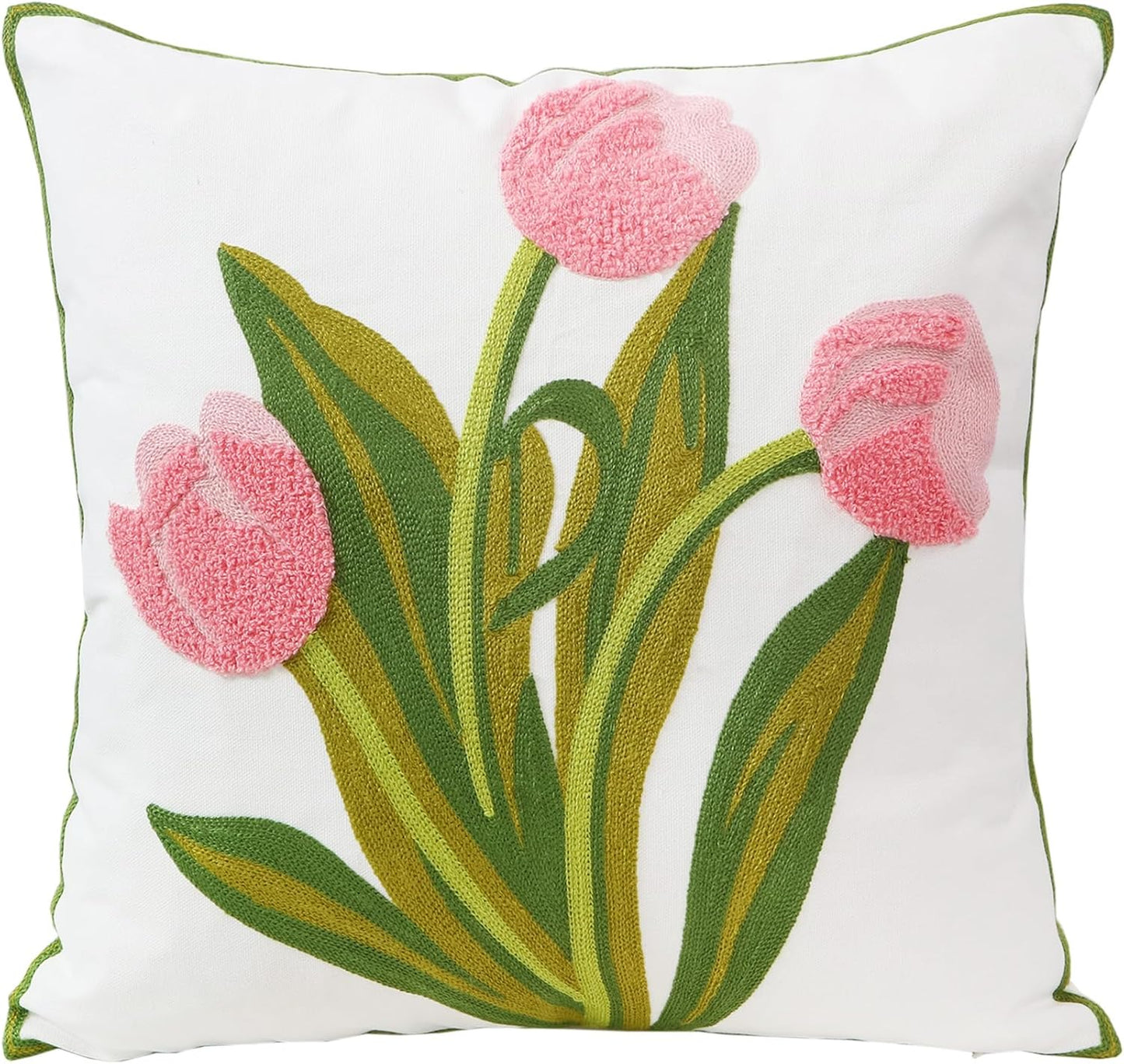 Embroidery Throw Pillow Cover 18x18 Home Decor Tulip Flower Loop Embroidered Floor Pillow Cover for Couch 100% Cotton Canvas Pillow Case Floral Cushion Cover 45x45cm, Pink Tulip, 1 Piece